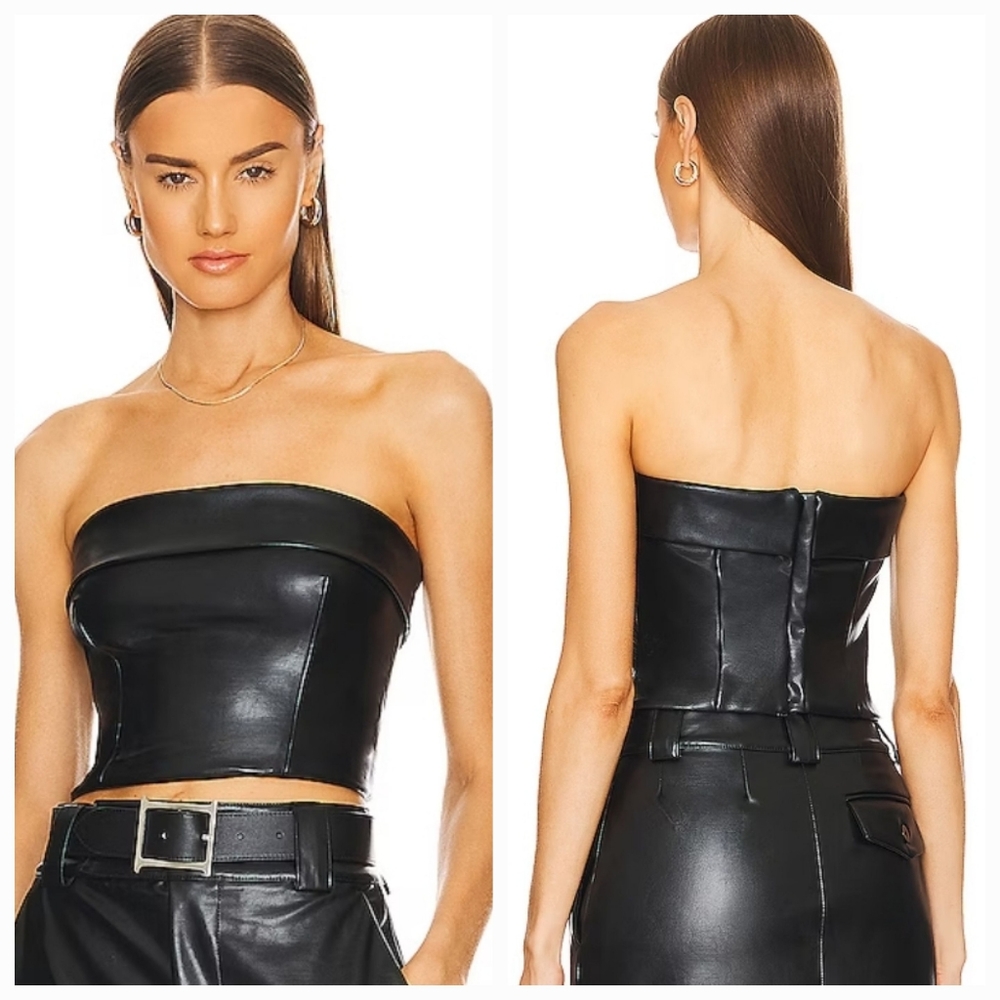 Helsa Waterbased Faux Leather Bustier Top in Black
